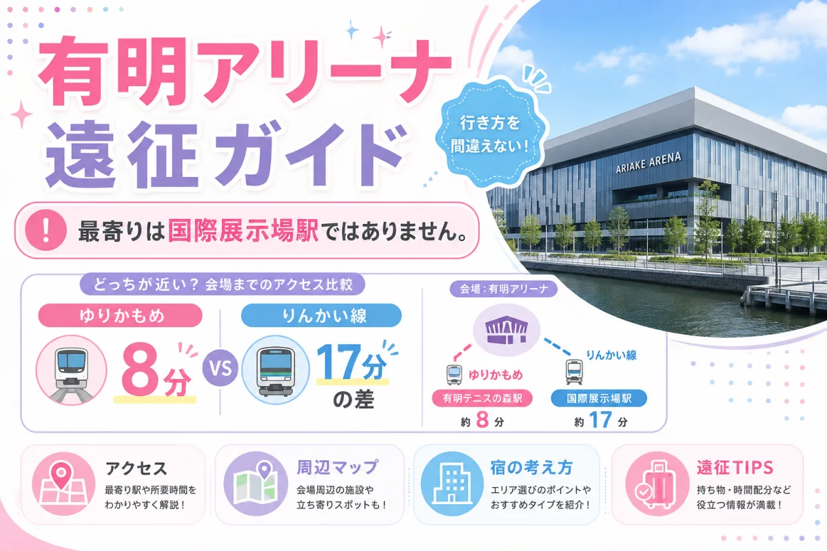 有明アリーナ遠征ガイド|最寄りは国際展示場駅ではありません。ゆりかもめ8分・りんかい線17分の差