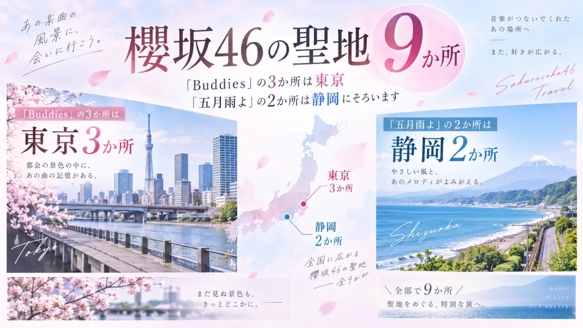櫻坂46の聖地9か所｜『Buddies』の3か所は東京、『五月雨よ』の2か所は静岡にそろいます
