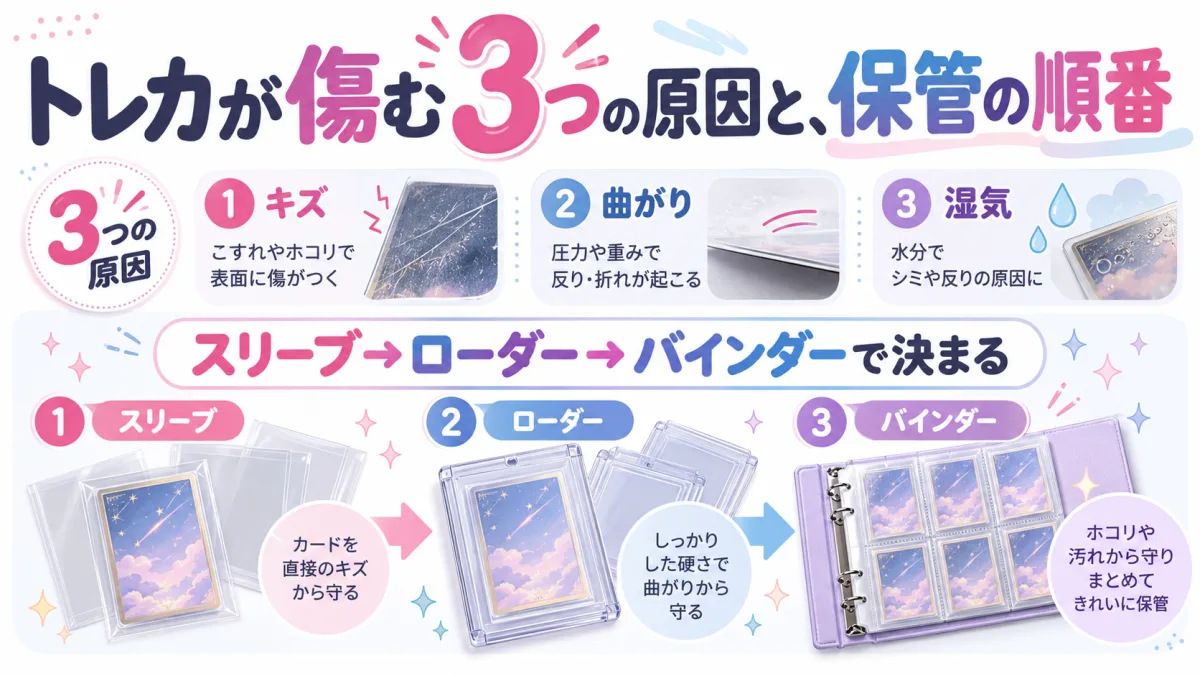 トレカが傷む3つの原因と、保管の順番|スリーブ→ローダー→バインダーで決まる